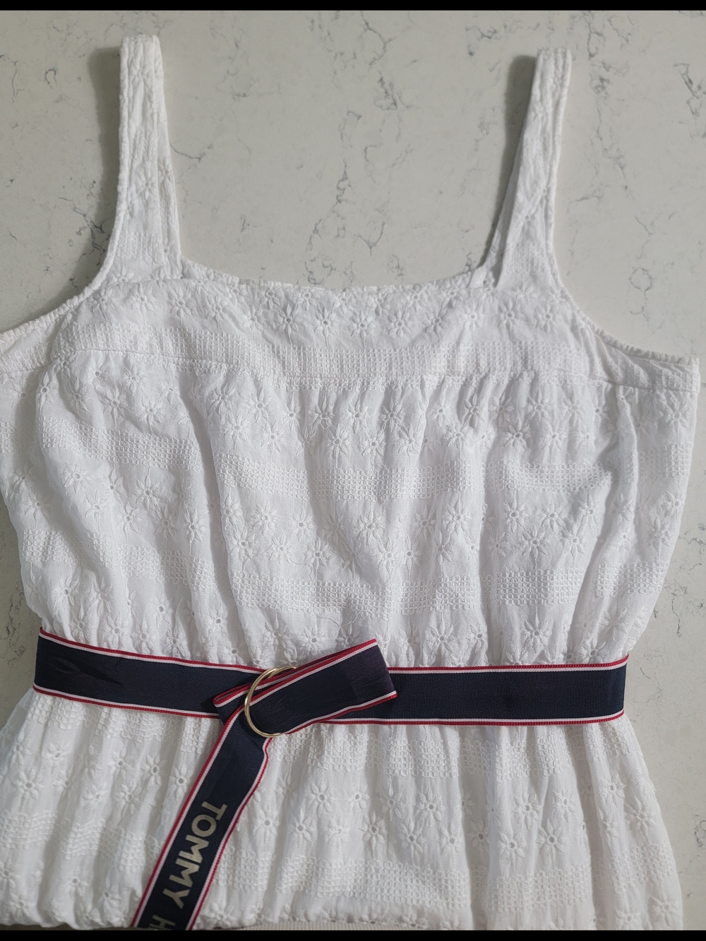Tommy Hilfiger White Eyelet Midi Dress Logo Ribbon Belt Size 14 Tea Party chic - Picture 9 of 14